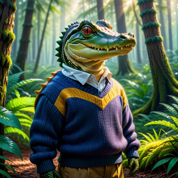 Pic of a alligator in a sweater in the forest