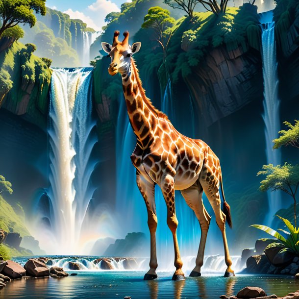 Image of a giraffe in a jeans in the waterfall