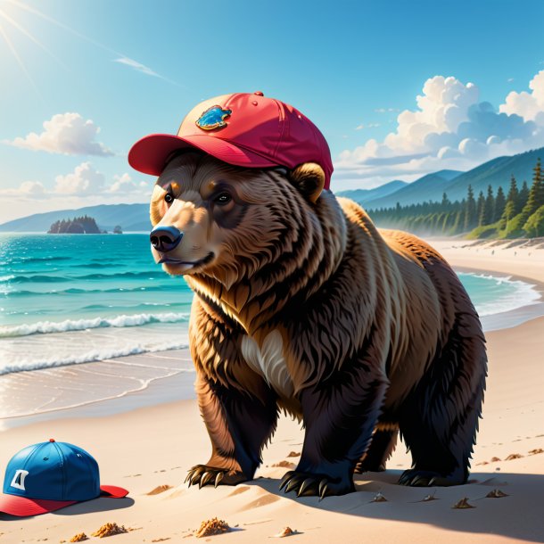 Dibujo de un oso en una gorra en la playa