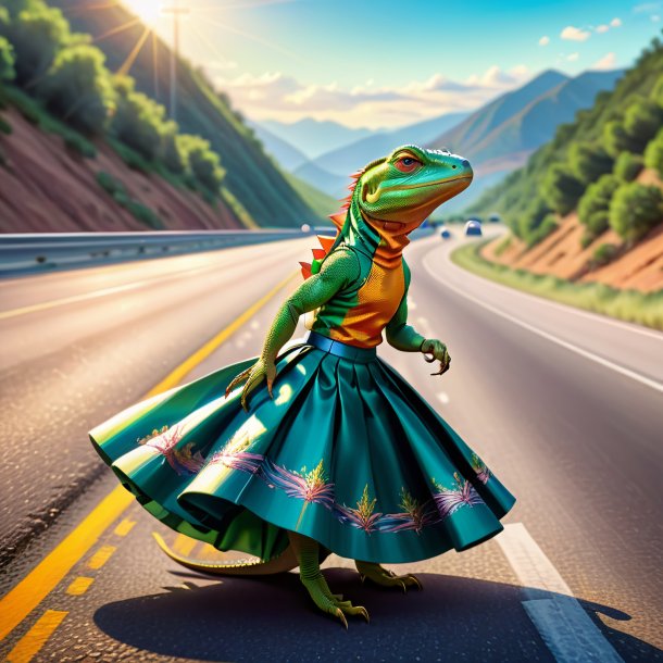 Drawing of a lizard in a skirt on the highway