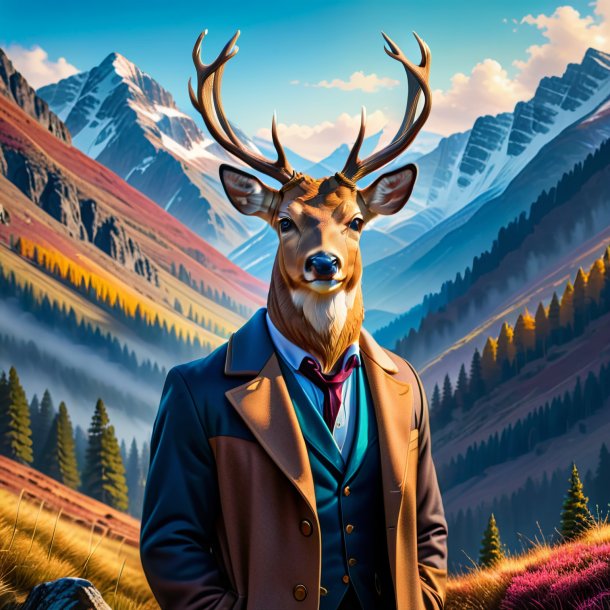 Picture of a deer in a coat in the mountains