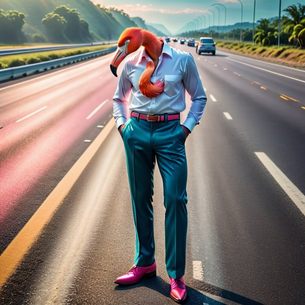 Pic of a flamingo in a trousers on the highway