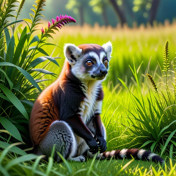 Pic d'une attente d'un lémur dans la prairie