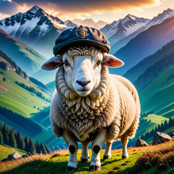 Photo of a sheep in a cap in the mountains