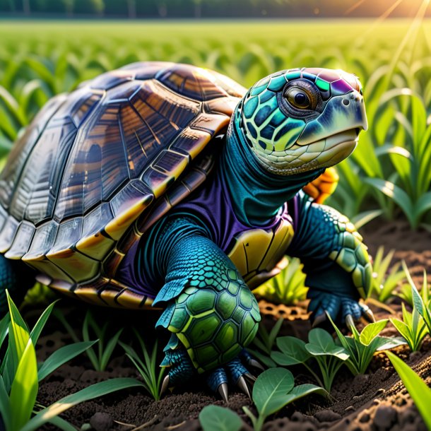 Foto de una tortuga en guantes en el campo