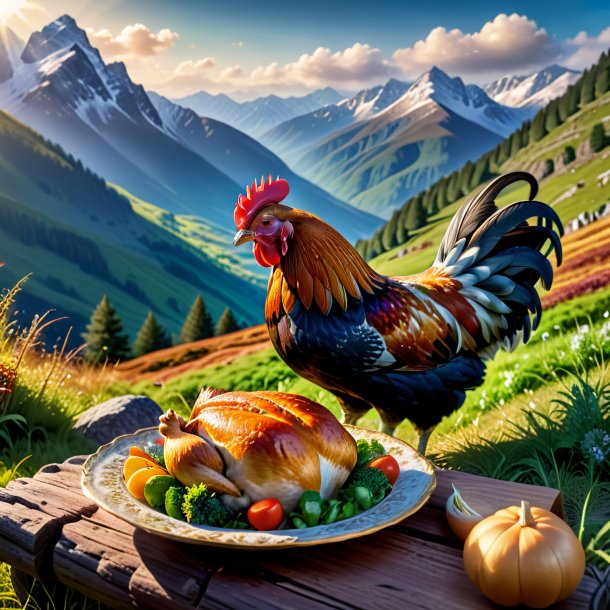 Image of a eating of a hen in the mountains