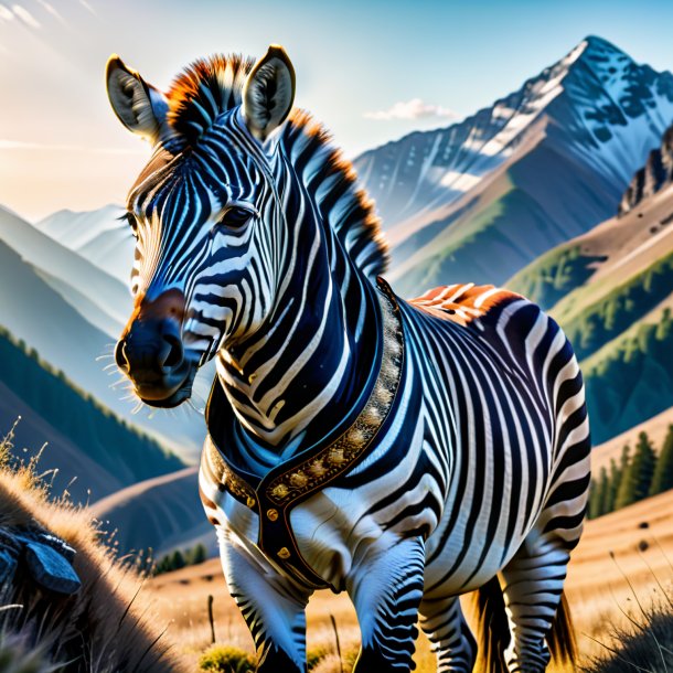 Foto de uma zebra em um colete nas montanhas