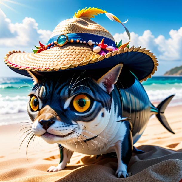 Foto de un atún en un sombrero en la playa