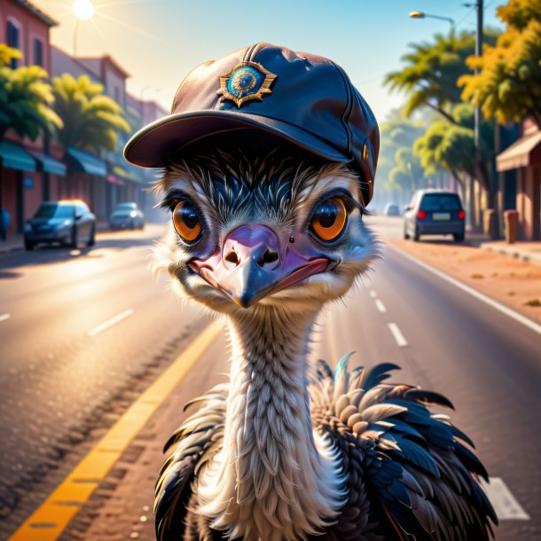 Drawing of a ostrich in a cap on the road