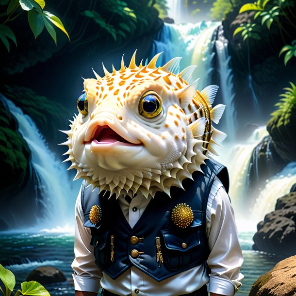 Drawing of a pufferfish in a vest in the waterfall