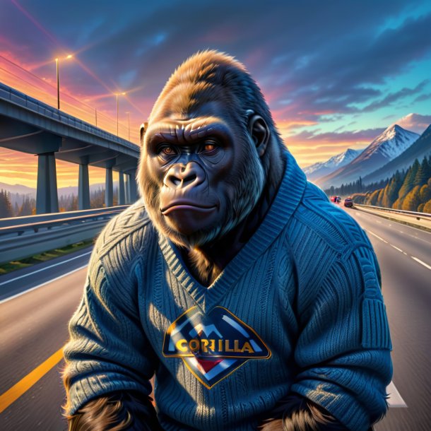 Drawing of a gorilla in a sweater on the highway