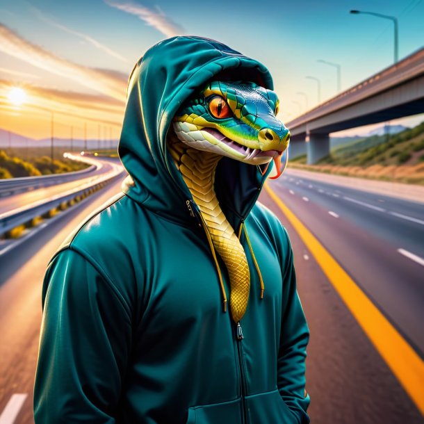 Imagen de una serpiente en una sudadera con capucha en la carretera