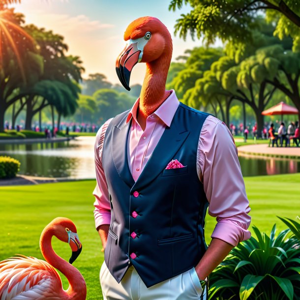 Imagem de um flamingo em um colete no parque