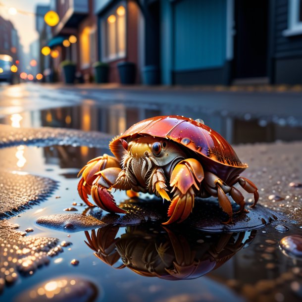 Photo of a resting of a hermit crab in the puddle