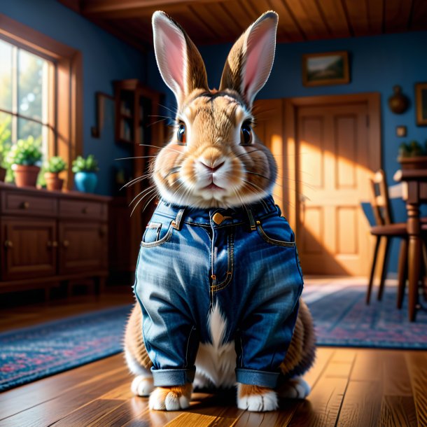 Picture of a rabbit in a jeans in the house