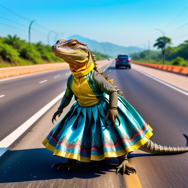 Photo of a monitor lizard in a skirt on the highway