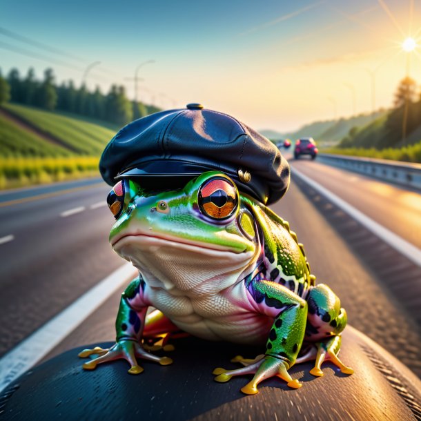 Image of a frog in a cap on the highway