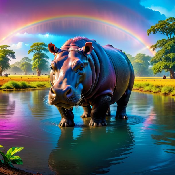 Photo d'une attente d'un hippopotame sur l'arc-en-ciel