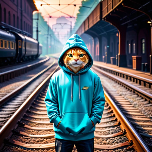 Imagem de um haddock em um hoodie nos trilhos ferroviários