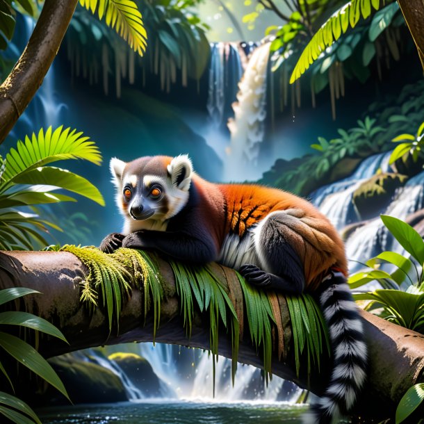 Image of a sleeping of a lemur in the waterfall