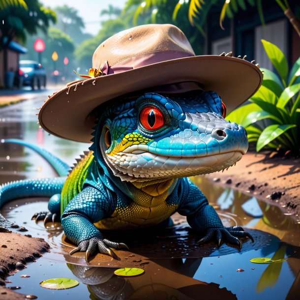 Illustration of a monitor lizard in a hat in the puddle