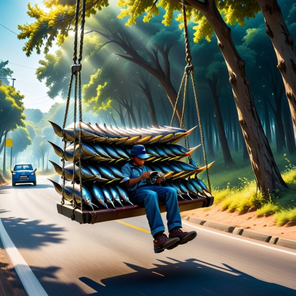 Picture of a swinging on a swing of a sardines on the road