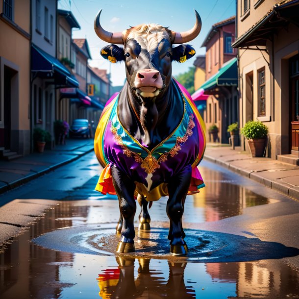 Imagen de un toro en un vestido en el charco