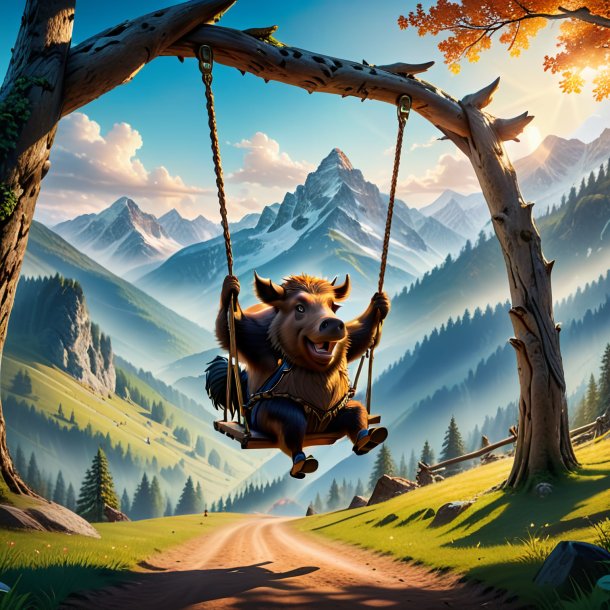 Photo of a swinging on a swing of a boar in the mountains