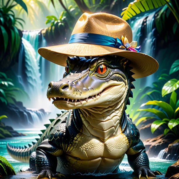 Picture of a alligator in a hat in the waterfall