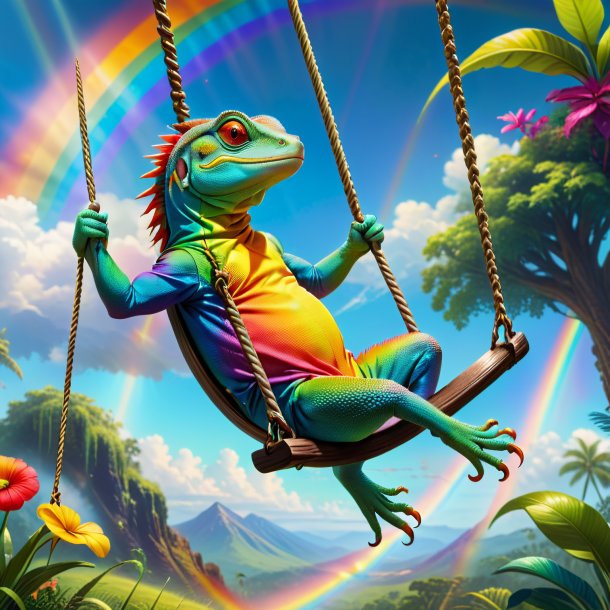 Imagen de un balanceo en un columpio de un lagarto en el arco iris