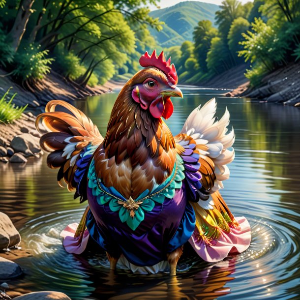 Dessin d'une poule dans une robe dans la rivière