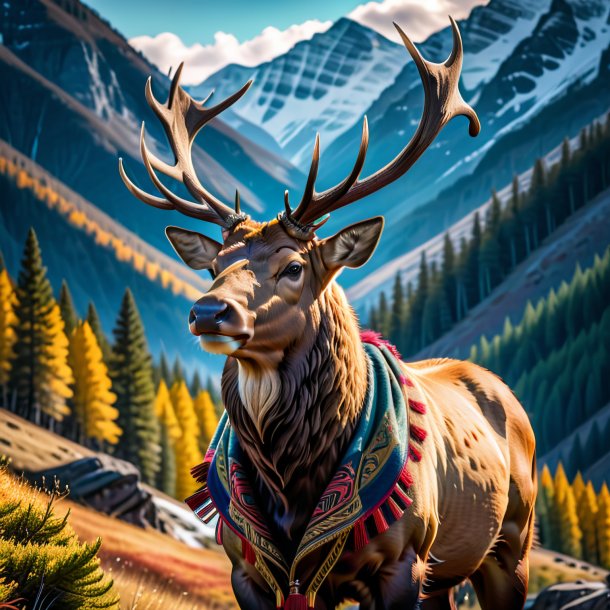 Image of a elk in a coat in the mountains