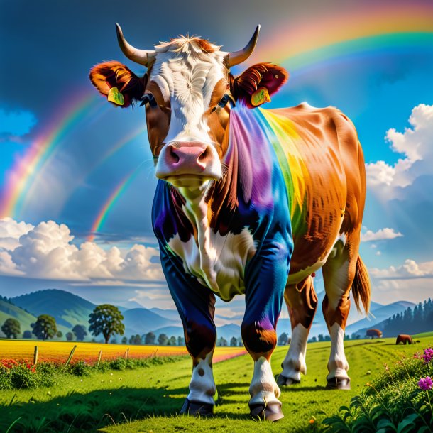 Picture of a cow in a trousers on the rainbow