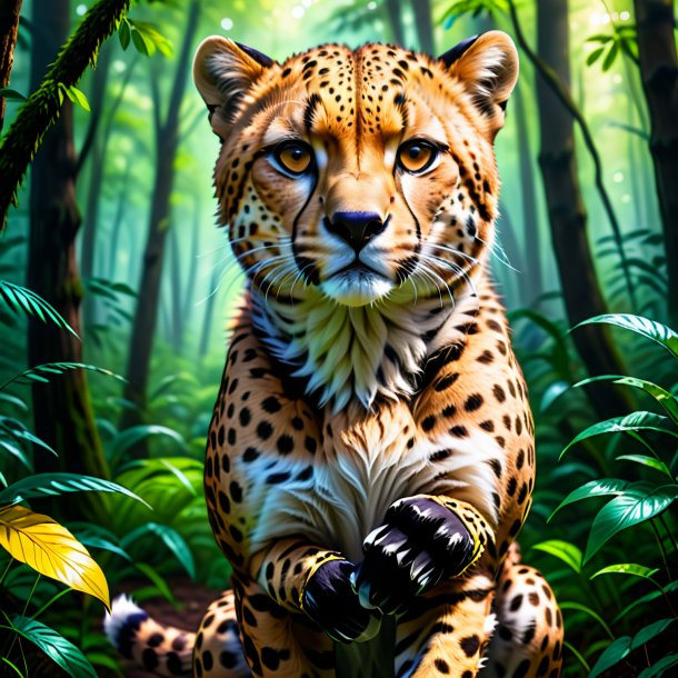 Drawing of a cheetah in a gloves in the forest