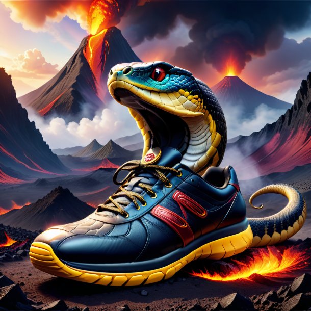 Illustration of a king cobra in a shoes in the volcano