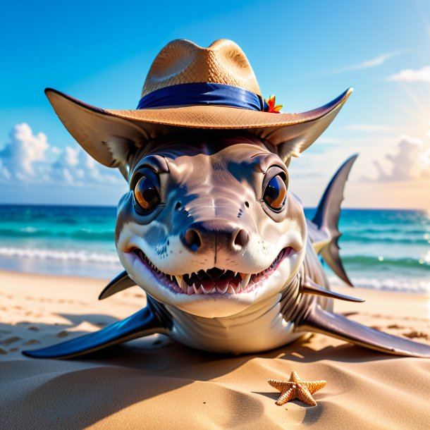 Photo of a hammerhead shark in a hat on the beach