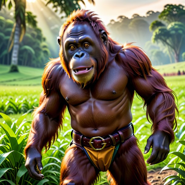 Photo of a orangutan in a belt on the field