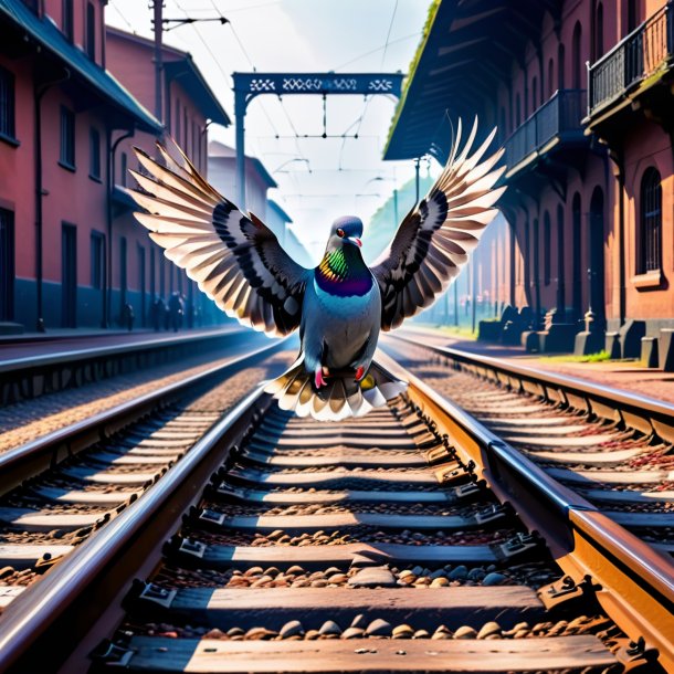 Pic of a jumping of a pigeon on the railway tracks