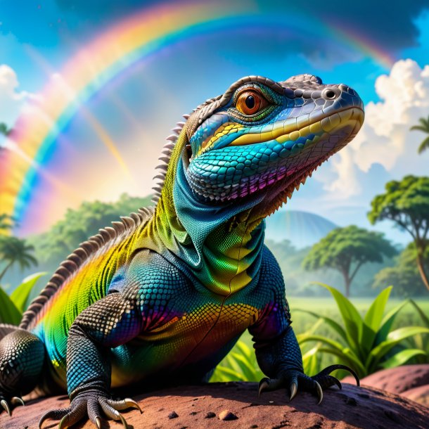 Image of a playing of a monitor lizard on the rainbow