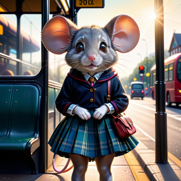 Image of a mouse in a skirt on the bus stop