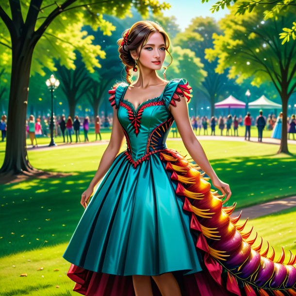 Drawing of a centipede in a dress in the park