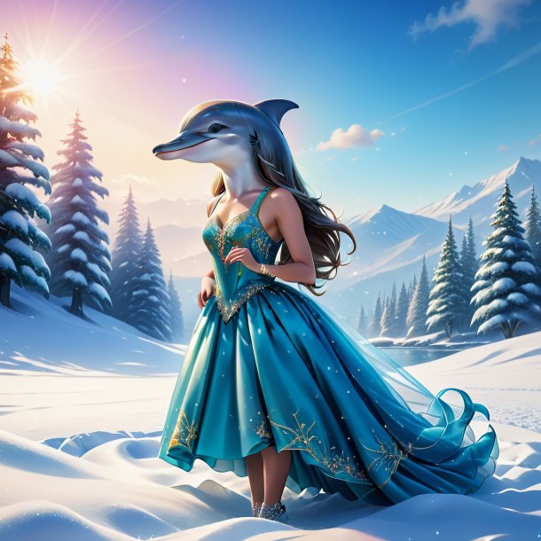 Illustration of a dolphin in a dress in the snow