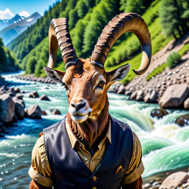 Photo of a ibex in a vest in the river