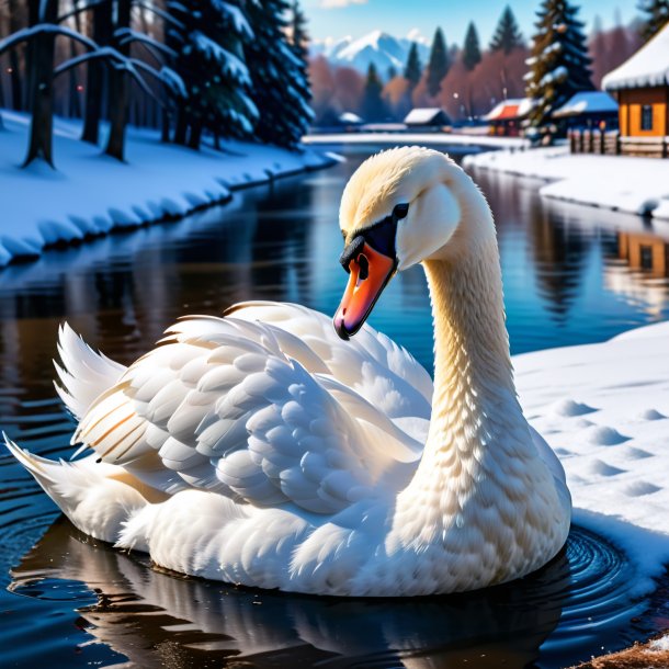 Imagen de un cisne en una gorra en la nieve