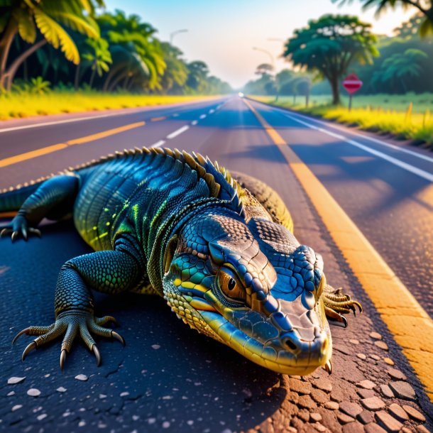 Pic d'un sommeil d'un lézard moniteur sur la route