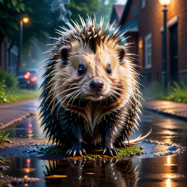 Picture of a smoking of a porcupine in the puddle