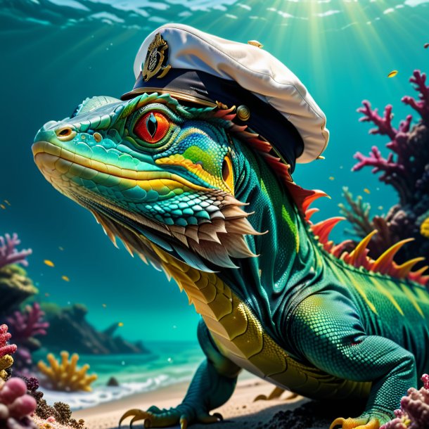 Imagen de un basilisk en una gorra en el mar