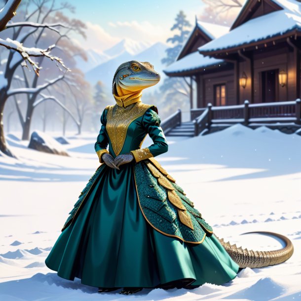 Ilustração de um lagarto monitor em um vestido na neve