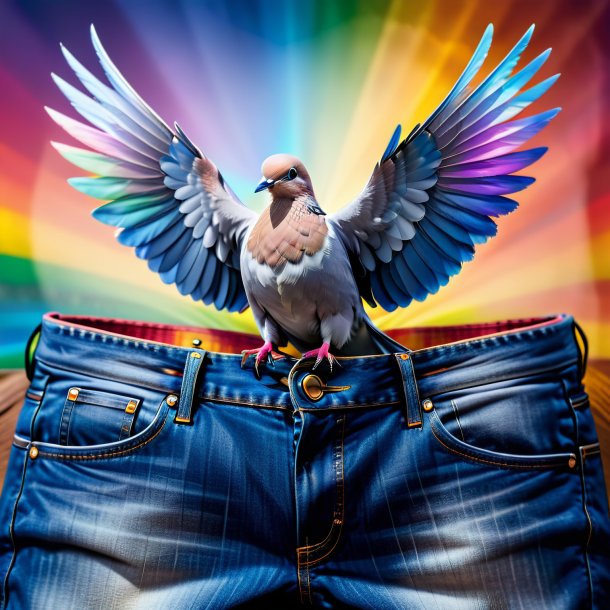 Imagen de una paloma en un jeans en el arco iris