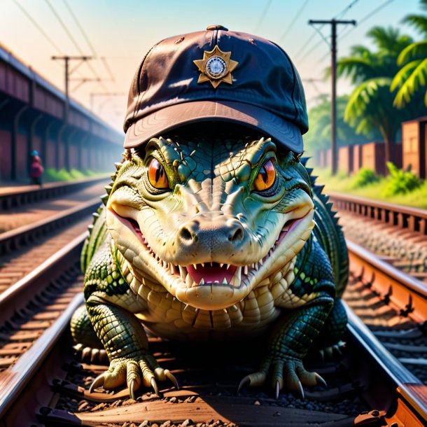 Image of a crocodile in a cap on the railway tracks